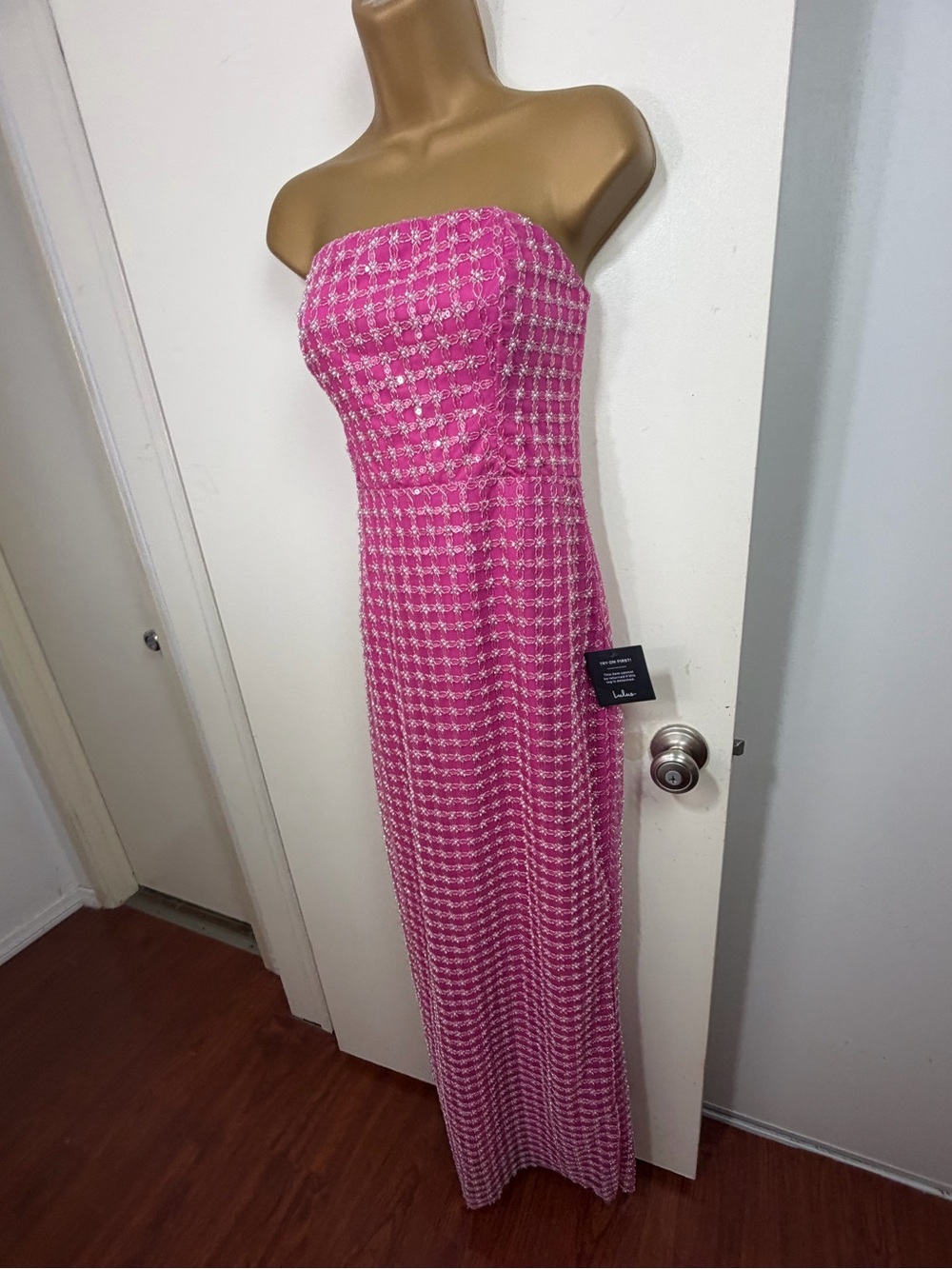 Perfectly Pink Luxurious Mesh Pearl Sequin Strapless Column Maxi Dress NWT Sz S - Picture 7 of 16